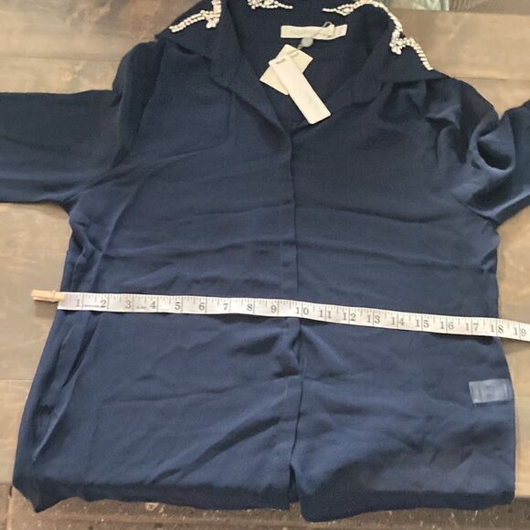 NWT Costa Blanca navy Blue sheer rhinestone collar top Sz-Small - Picture 10 of 13